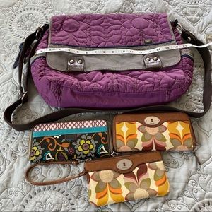 Fossil messenger bag, wallets, and wristlet